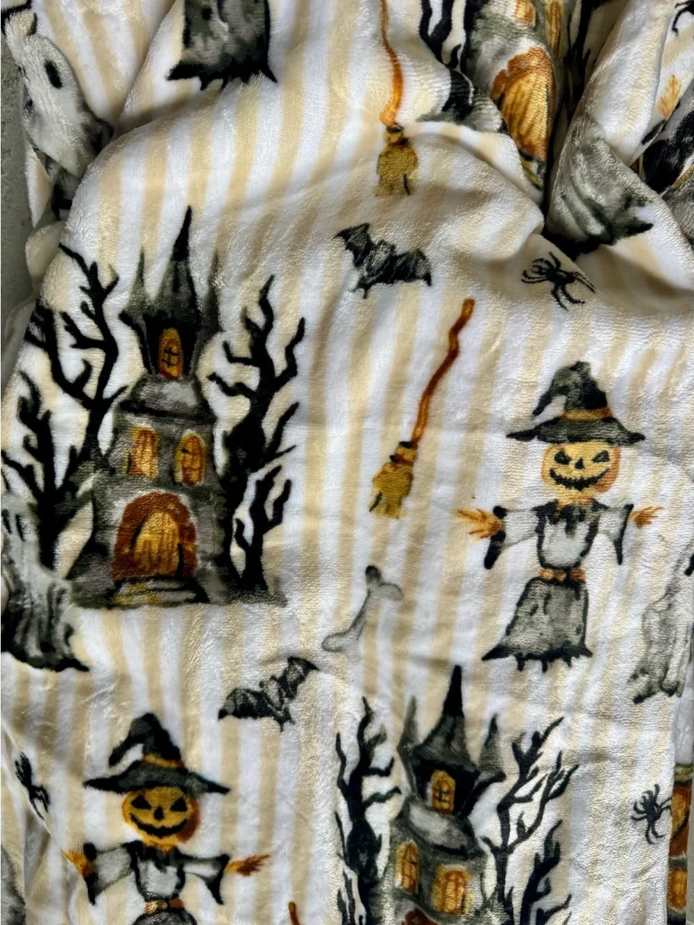 Spookville Halloween Striped  Throw Blanket w/Scarecrows Haunted House Bats NWT